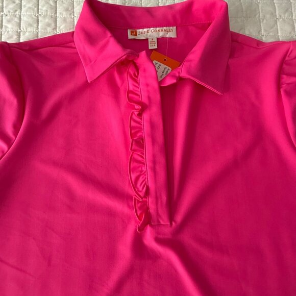 Jude Connally Austin Swing Pink Polo Shirt Nylon/Spandex Short Sleeve Ruffle Col - Picture 3 of 7
